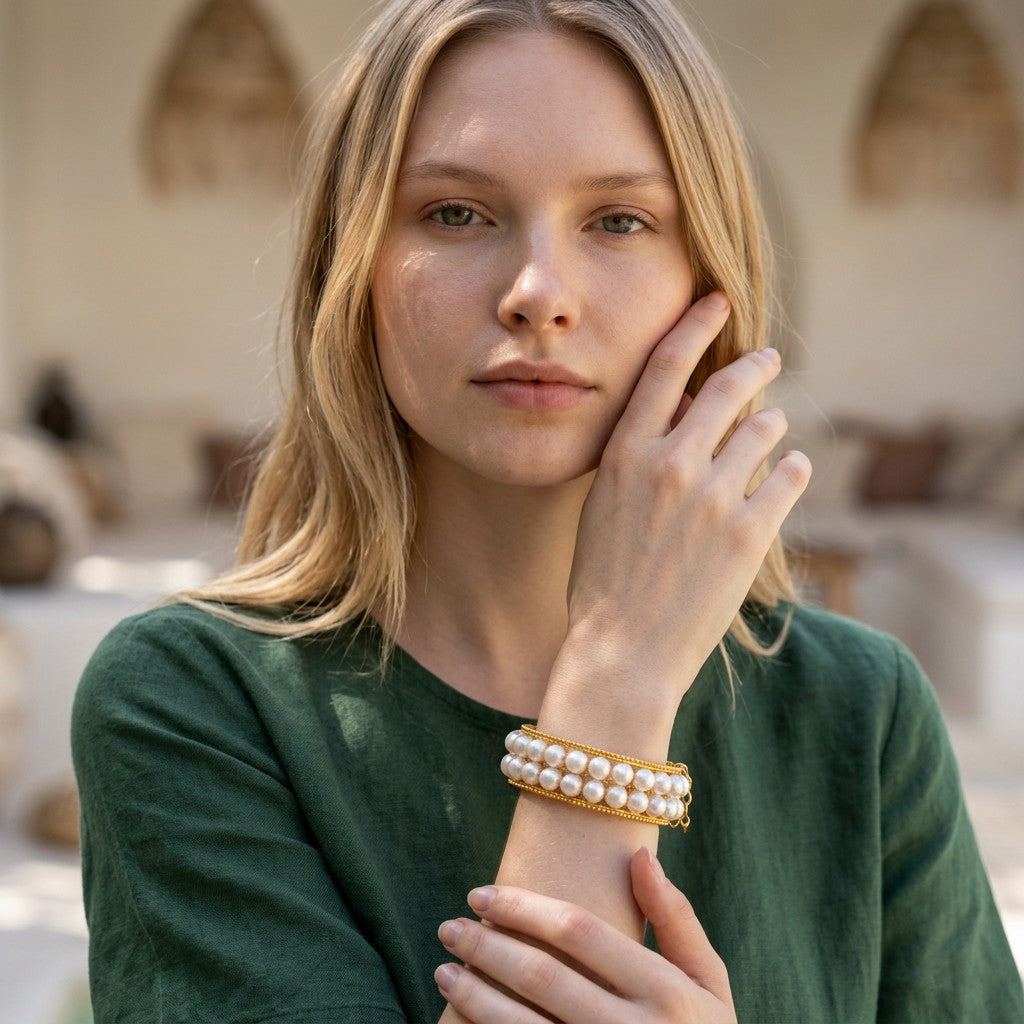 Model wearing Royal Dubai Jewellers 21K solid gold fancy bangle with double rows of white pearls on her wrist.