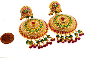 22k Solid Gold Chandeliers LONG 2 Tier EARRINGS Dangle Ruby Pearl Emerald E1038 - Royal Dubai Jewellers