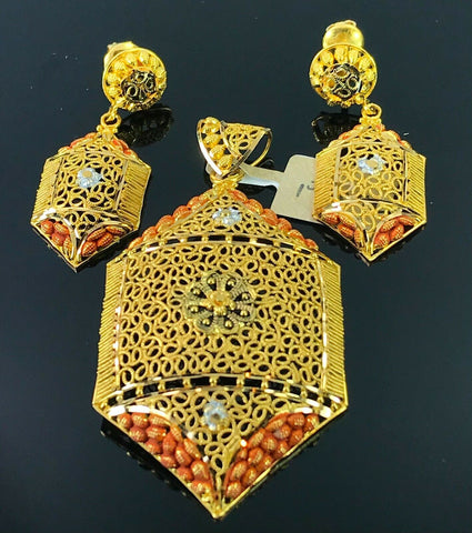 22k Pendant Set Solid Gold Ladies Classic Filigree Floral Two Tone Design P3012 - Royal Dubai Jewellers