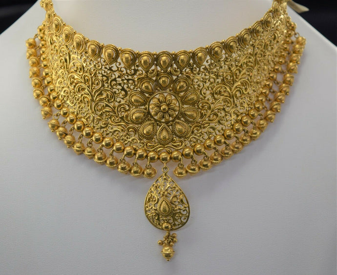 22k Bridal Set Beautiful Solid Gold Ladies Elegant Filigree Choker Design LS1020 - Royal Dubai Jewellers
