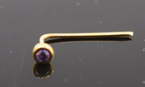 Authentic 18K Yellow Gold Nose Pin L-Post Light Purple Birth Stone February n050 - Royal Dubai Jewellers
