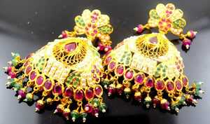 22k Solid Gold LONG EARRINGS DANGLING Chandeliers Ruby Pearl Emerald E625 - Royal Dubai Jewellers