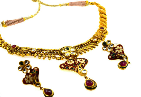 22k Necklace Set Beautiful Solid Gold Ladies Navratan With Enamel CS264 - Royal Dubai Jewellers