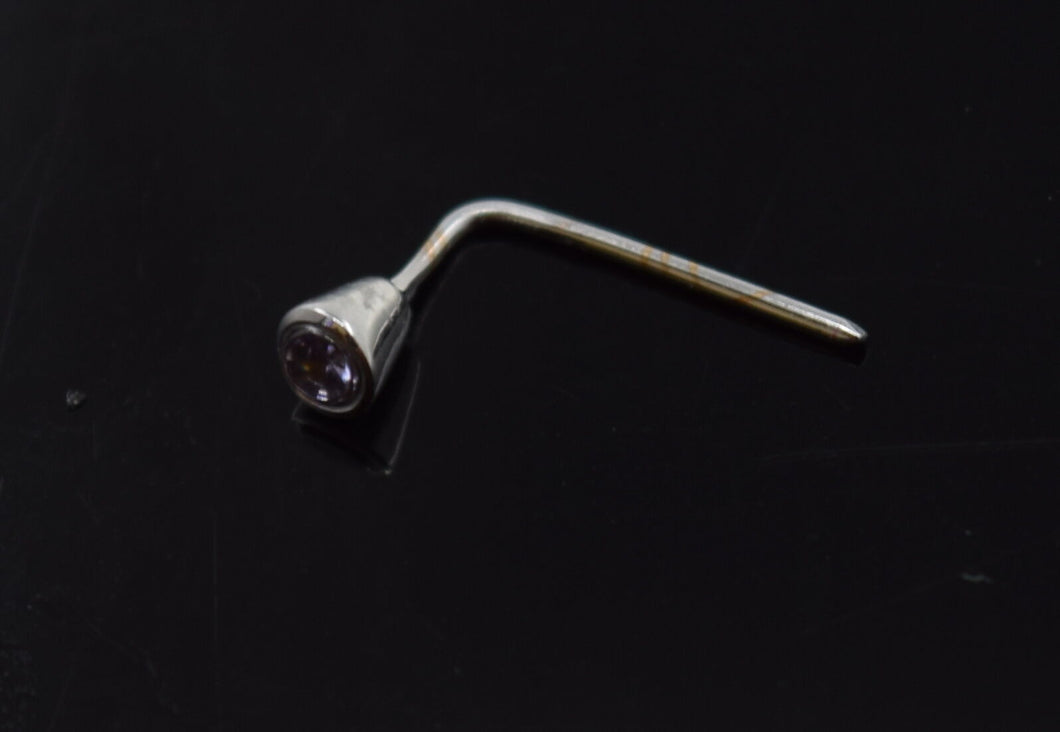 Authentic 18K White Gold L-Shaped Nose Pin Stud Purple Birth Stone February n30 - Royal Dubai Jewellers