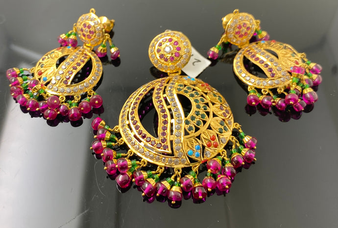 22k Solid Gold Ladies traditional Jadau Multicolor Pendant Set P3761 - Royal Dubai Jewellers