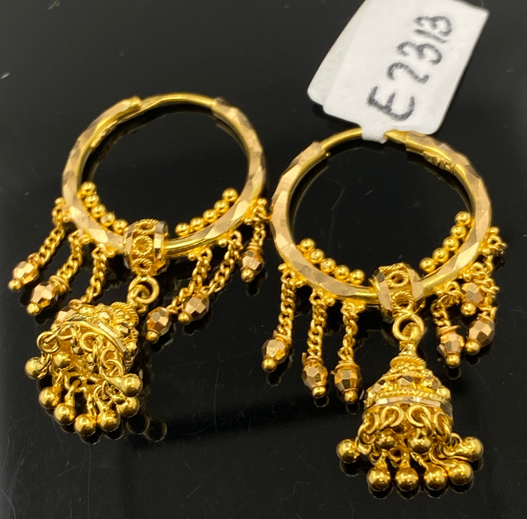 22k Earring Solid Gold Ladies Hoops with Dangling Charms E7313 - Royal Dubai Jewellers