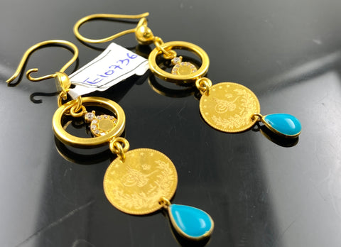 21K Solid Gold Turkish Coin Long Earrings E10736 - Royal Dubai Jewellers