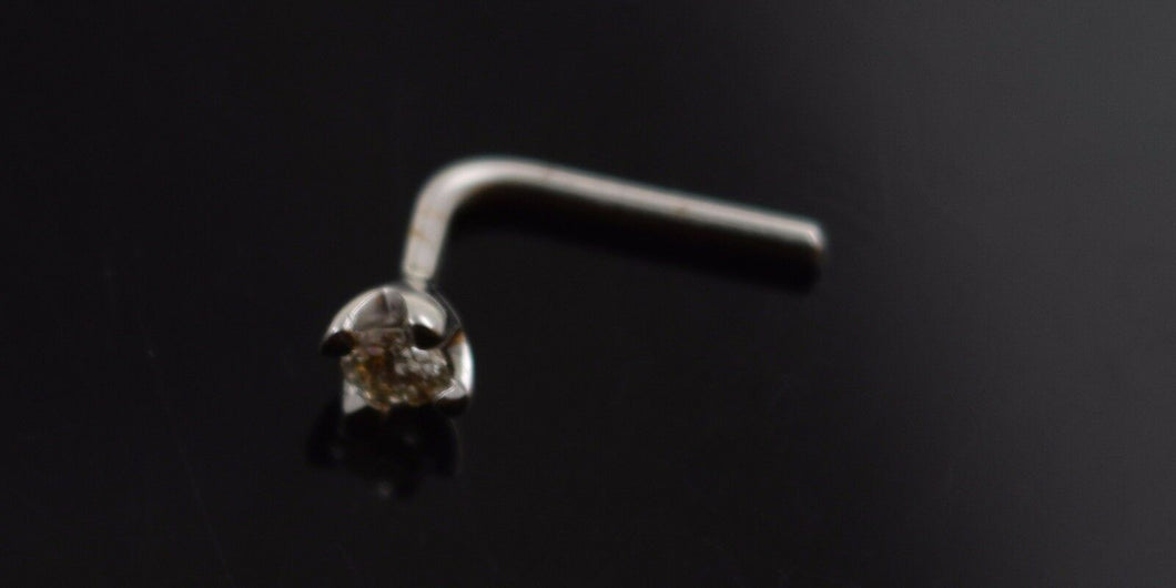 Authentic 18K White Gold L-Shaped Nose Pin Stud Round-Cut-Diamond VS2 n101 - Royal Dubai Jewellers