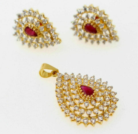 22k 22ct solid gold ruby stone drop shape women's pendant set p1158 - Royal Dubai Jewellers