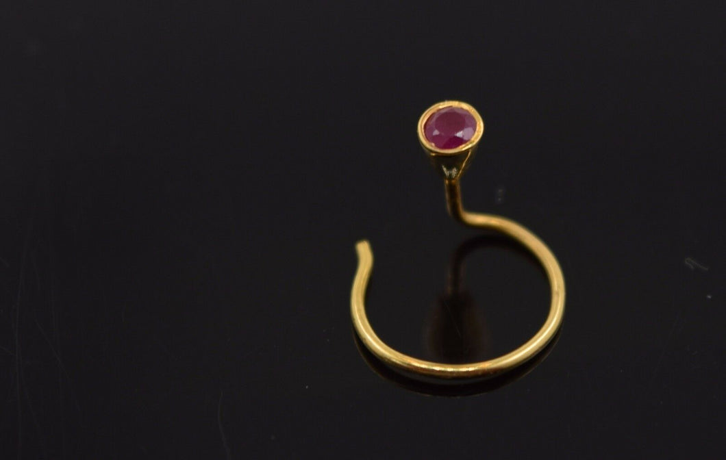 Authentic 18K Yellow Gold Nose Pin Ring Red Birth Stone July n118 - Royal Dubai Jewellers
