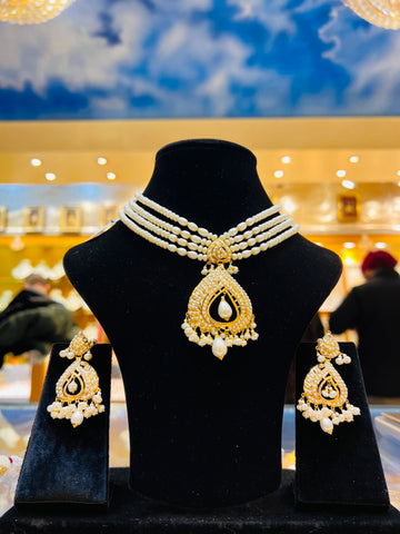 22k Solid Gold Traditional Ladies Pearl Stone Necklace Set c2844 - Royal Dubai Jewellers