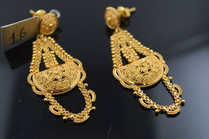 22k Earring Solid Gold Ladies Jewelry Simple Filigree Dangle Design E6640 - Royal Dubai Jewellers