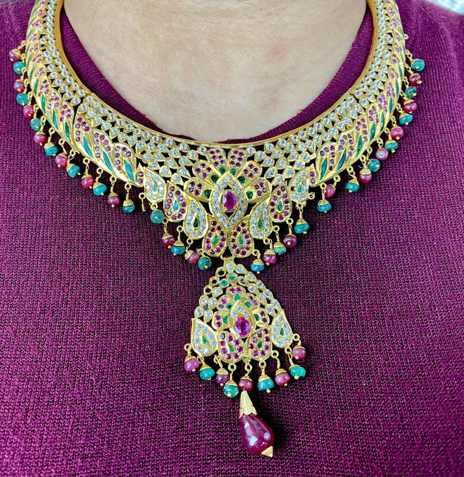 22k Necklace Set Solid Gold Ladies Jewelry Mixed Stone Jadau Design CS272 - Royal Dubai Jewellers
