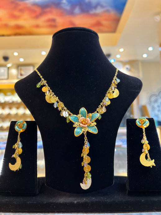 22k Sold Gold Elegant Ladies Floral With Teal Enamel Necklace Set c1265 - Royal Dubai Jewellers