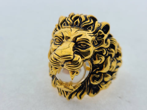 22K Solid Gold Men Lion Ring With Pearl R8843 - Royal Dubai Jewellers