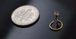 Authentic 18K Yellow Gold Nose Pin Ring Light Purple Birth Stone February n024 - Royal Dubai Jewellers