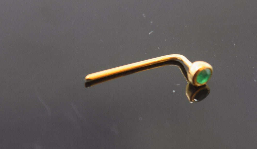 Authentic 18K Yellow Gold L-Shaped Nose Pin Stud Green Birth Stone May n041 - Royal Dubai Jewellers