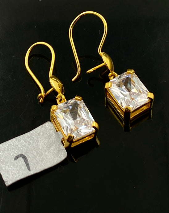 22k Solid Gold Ladies Designer Zircon Square Charm long French Hook Earrings E9819 - Royal Dubai Jewellers