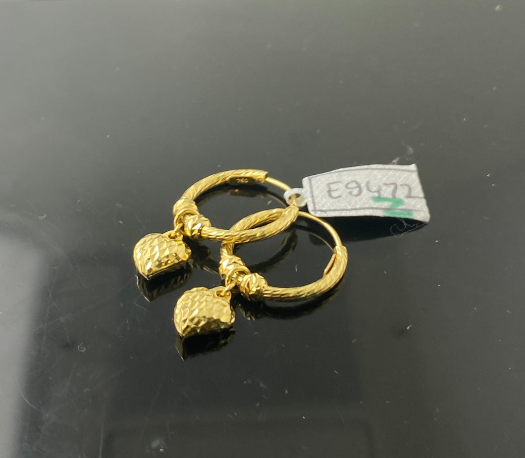 18k Solid Gold Ladies Designer Heart Charm Diamond Cut Hoop Earrings E9472 - Royal Dubai Jewellers