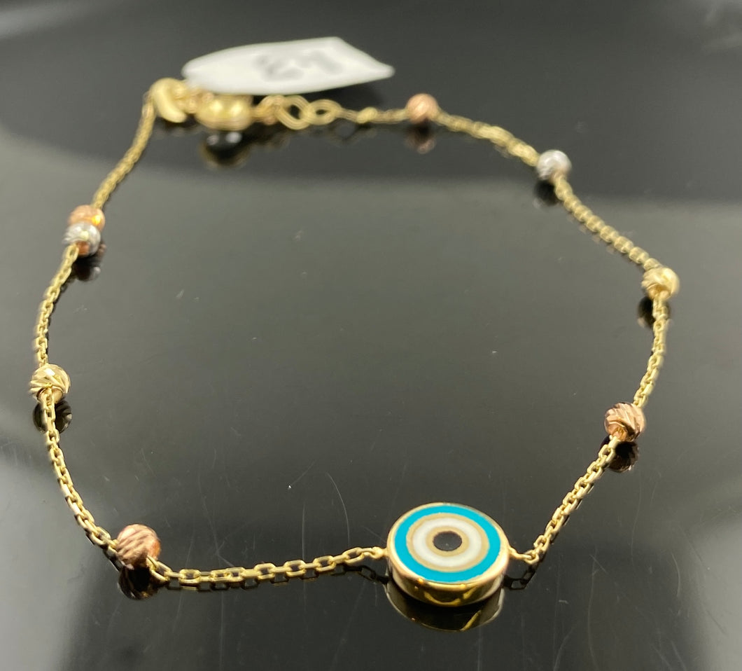10K Bracelet Solid Gold Ladies Tri-color Ball Design With Evil Eye B685 - Royal Dubai Jewellers