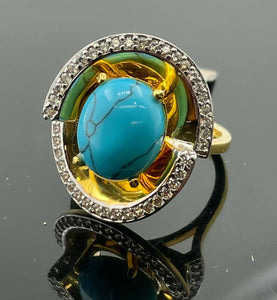 21k Ring Solid Gold Ladies Jewelry Round Turquoise Stone Filigree Design R2048z - Royal Dubai Jewellers