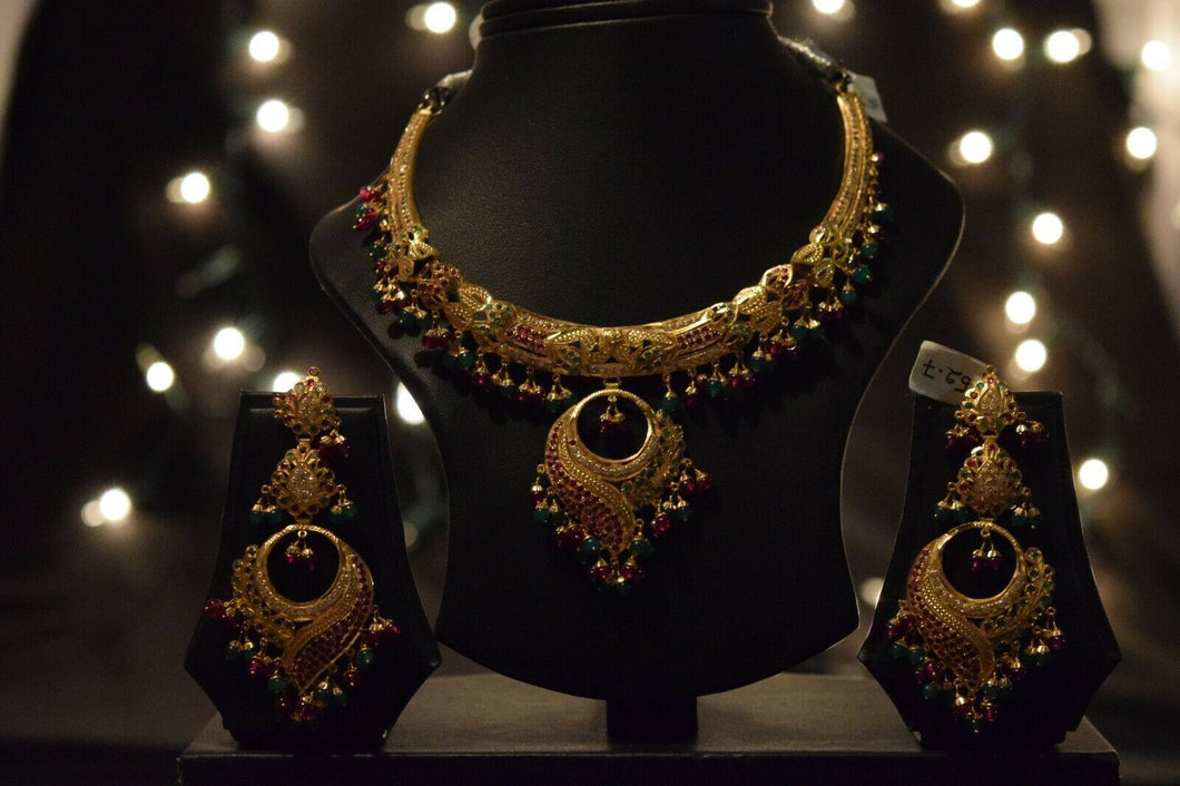 22k Necklace Set Solid Gold Ladies Modern Multi Stone Jadau Design LS100 - Royal Dubai Jewellers