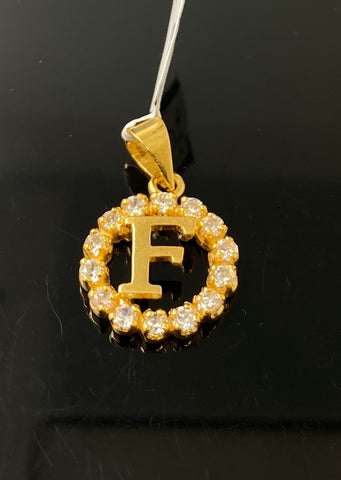 22k Pendant Solid Gold Initial F Round Shape with Signity Stones P3541 - Royal Dubai Jewellers