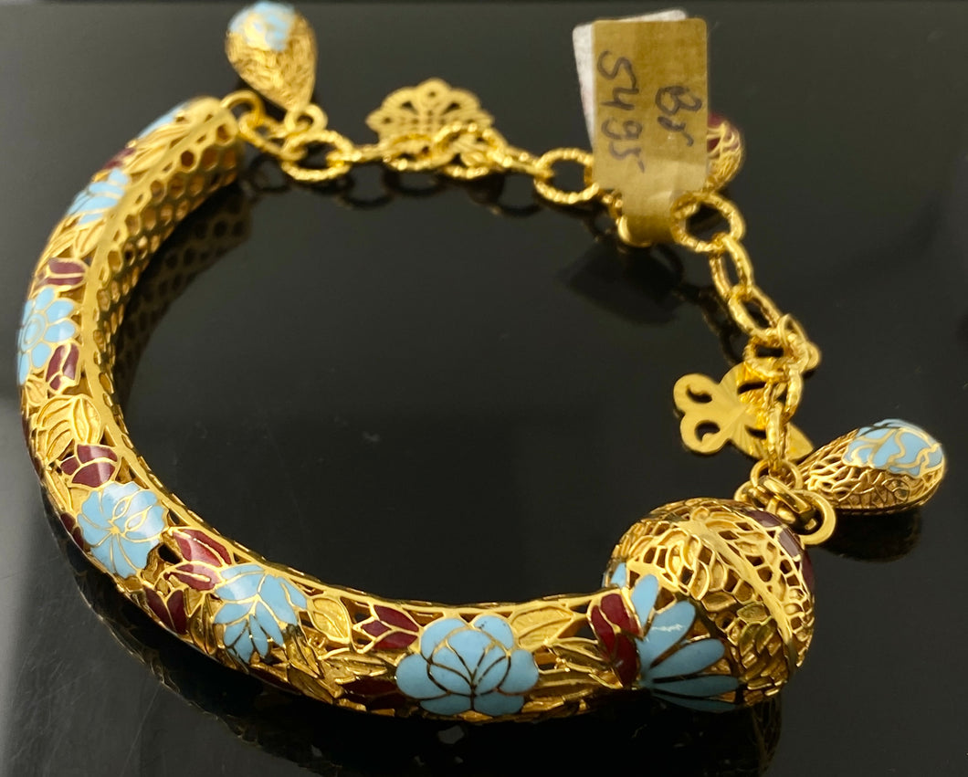 21k Solid Gold Ladies Designer Enamel Charms Floral Bangle Bracelet BR5495 - Royal Dubai Jewellers