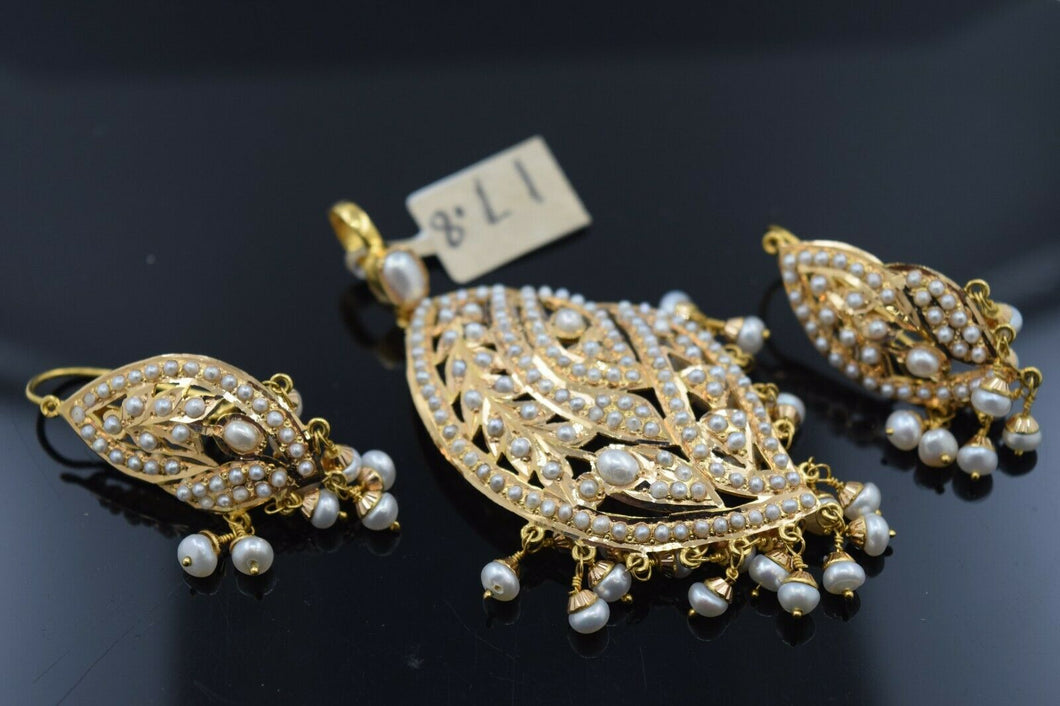 22k Pendant Set Solid Gold Ladies Jewelry Elegant Floral Pearl Design P3077 - Royal Dubai Jewellers