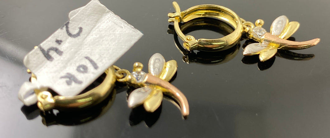 10k Solid Gold Ladies Designer Dragon fly Charm Zircon Rose gold Rhodium 3 Tone Hoop Earrings E7254 - Royal Dubai Jewellers