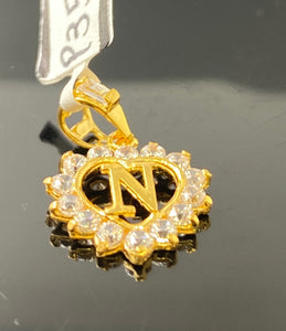 22k Pendant Solid Gold Initial N Heart Shape with Signity Stones P3578 - Royal Dubai Jewellers