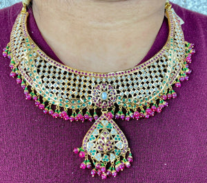 22k Necklace Set Solid Gold Ladies Modern Multi Stone Jadau Design CS271 - Royal Dubai Jewellers