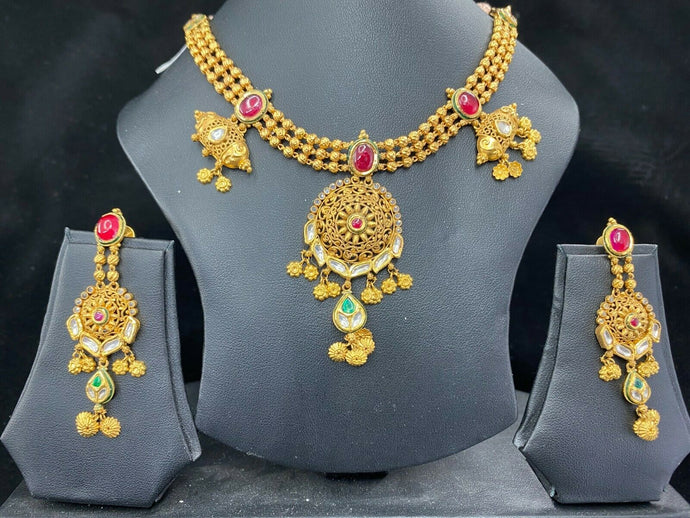 22k Necklace Set Beautiful Solid Gold Ladies Traditional Mix Color Stones LS109 - Royal Dubai Jewellers