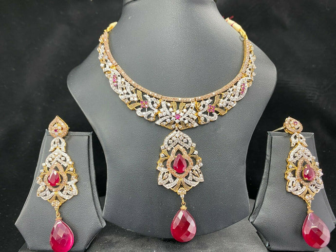22k Necklace Set Beautiful Solid Gold Ladies Traditional Mix Color Stones LS1004 - Royal Dubai Jewellers
