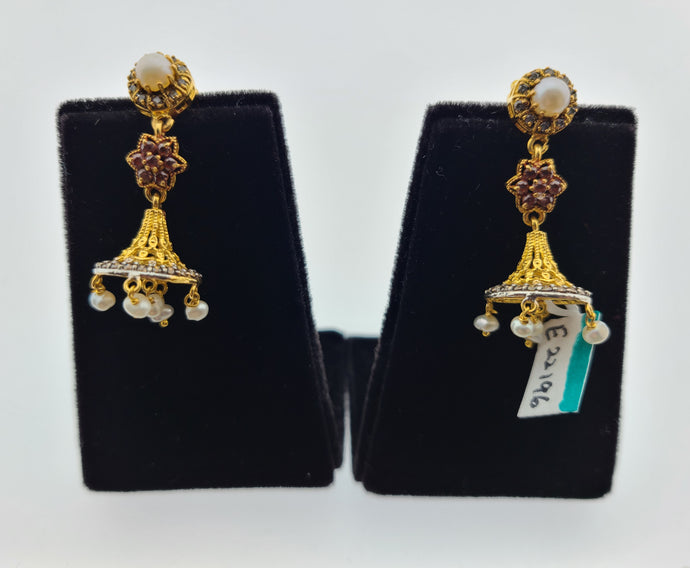 22K Solid Gold Zircon Long Earrings E22196 - Royal Dubai Jewellers