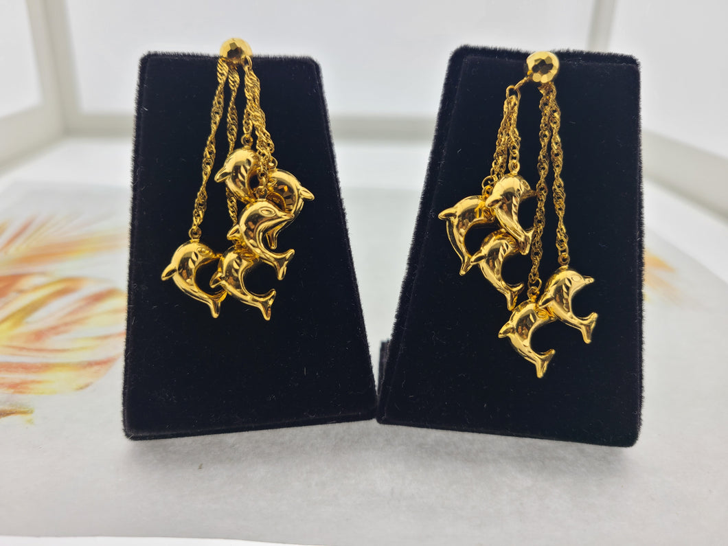 21K Solid Gold Dolphin Charms Long Earrings E22876 - Royal Dubai Jewellers