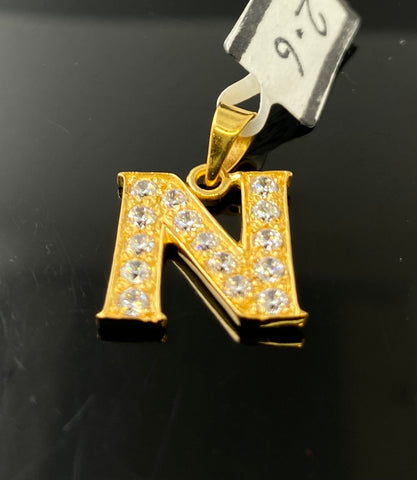 22k Pendant Solid Gold Initial N with Signity Stones P3577 - Royal Dubai Jewellers