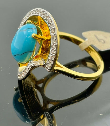 21k Ring Solid Gold Ladies Jewelry Round Turquoise Stone Filigree Design R2048z - Royal Dubai Jewellers