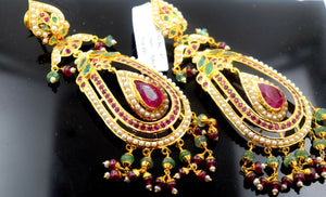 22k Gold Jewelry LONG EARRINGS DANGLING chandeliers Ruby Pearl Emerald E594 - Royal Dubai Jewellers