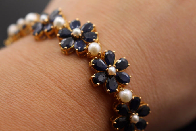 22k Jewelry Solid Gold ELEGANT Blue Sapphire Flower Stone Bracelet Size 7 B354 - Royal Dubai Jewellers
