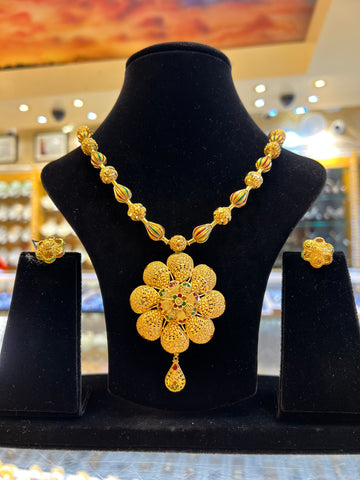 22k Solid Gold Elegant Ladies Tri Tone Floral Medallion Necklace Set ls1139 - Royal Dubai Jewellers