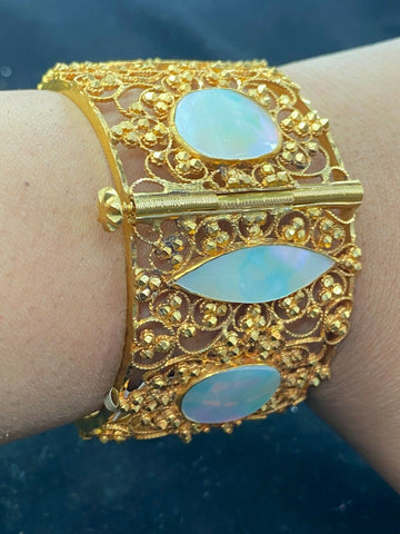 22k Bangle Solid Gold Simple Ladies Floral Filigree with Opal Stone BR131z - Royal Dubai Jewellers