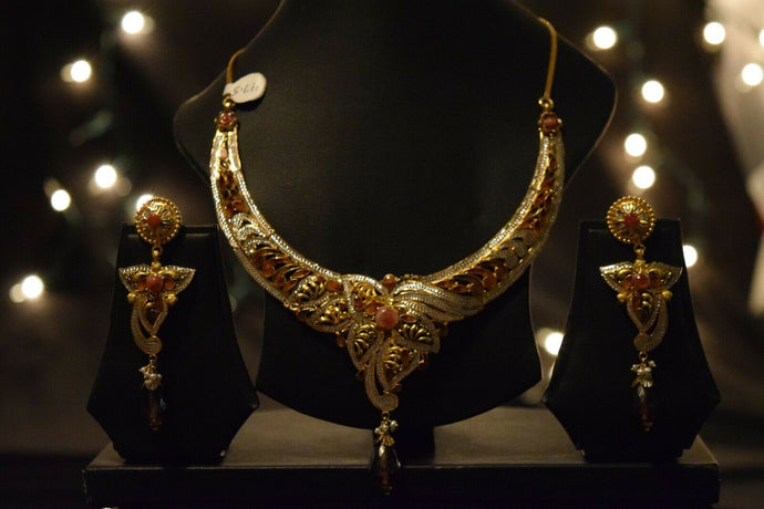 22k Necklace Set Beautiful Solid Gold Ladies Classic Floral Navratan LS179 - Royal Dubai Jewellers