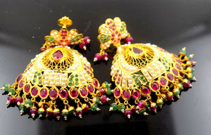 22k Solid Gold LONG EARRINGS DANGLING Chandeliers Ruby Pearl Emerald E625 - Royal Dubai Jewellers