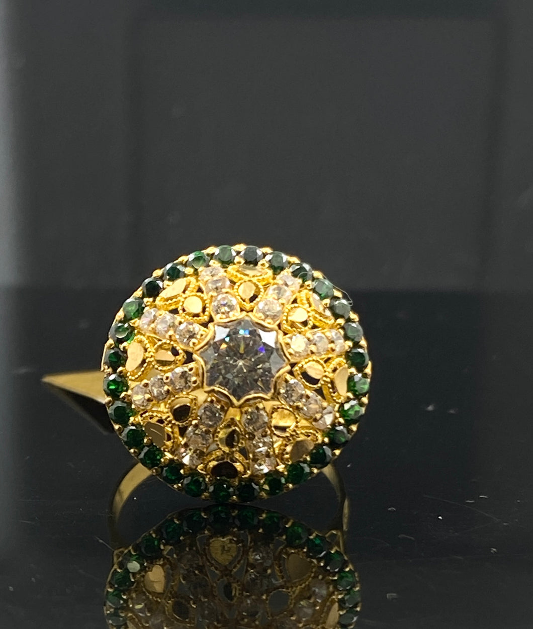 22K Solid Gold Emerald Floral Ring With Stones R5449 - Royal Dubai Jewellers