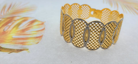 22k Solid Gold Elegant Two Tone Open Cuff Bangle f12345 - Royal Dubai Jewellers