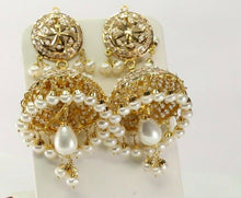 22k 22ct Solid Gold ELEGANT Simple Jhumki Filigree Hoops with Pearl Design E7301 - Royal Dubai Jewellers