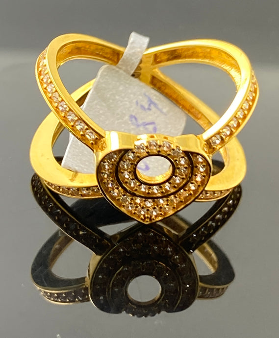21k Solid Gold Ladies Designer Overlapping Heart shape Zircon Ring R6084 - Royal Dubai Jewellers