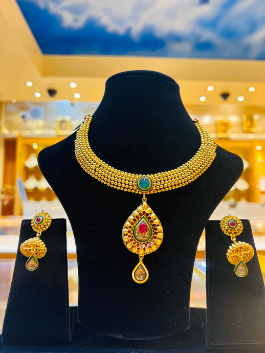 22k Solid Gold Elegant Traditional Necklace Set c2615 - Royal Dubai Jewellers