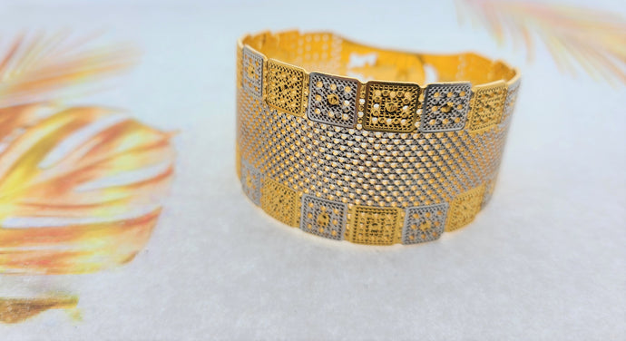 22k Solid Gold Elegant Two Tone Open Cuff Bangle f12347 - Royal Dubai Jewellers